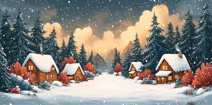 Cozy cabins in snowy forest during snowfall winter trees