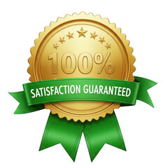 Golden satisfaction guaranteed badge with green ribbon and stars isolated on transparent background