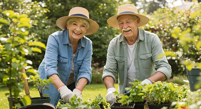 Elderly couple gardening together