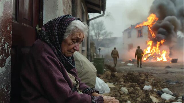 An old woman desperate  woman in the middle of a war zone. In the background, burning buildings in a bombed-out city. Soldiers. War concept.