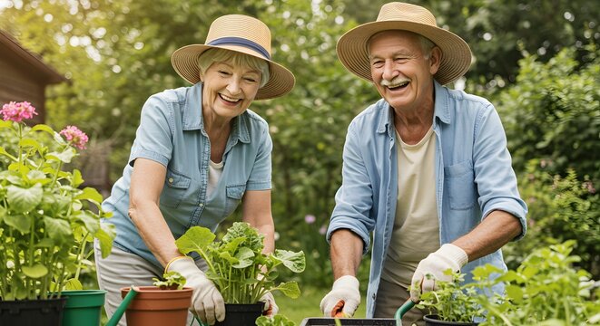 Elderly couple gardening together