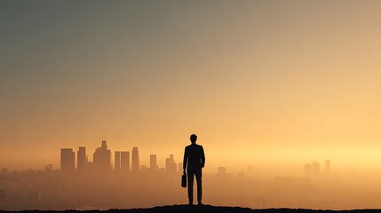 Businessman with back turned overlooking city skyline at dawn
