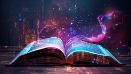 An open book with magical effects and a cityscape. Suitable for themes related to fantasy, literature and creativity.
