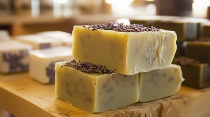 Stack of handmade soap bars with lavender flowers.