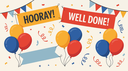 Festive congratulatory design with 'Hooray' and 'Well Done' signs, party balloons, and confetti for celebrating success.