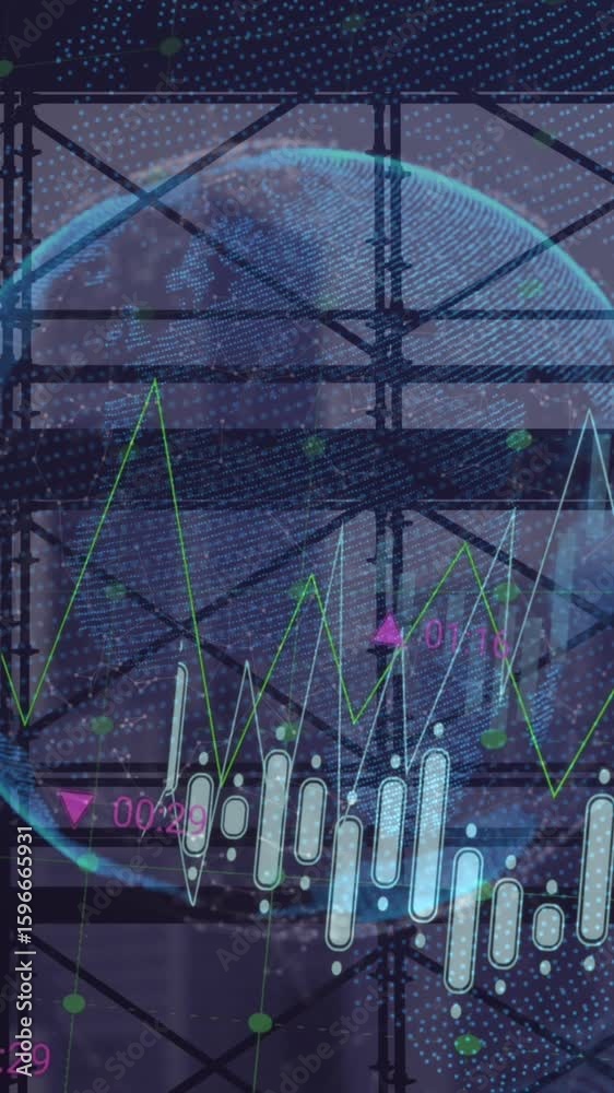 Wall mural animation of data processing over scaffolding against globe and cityscape