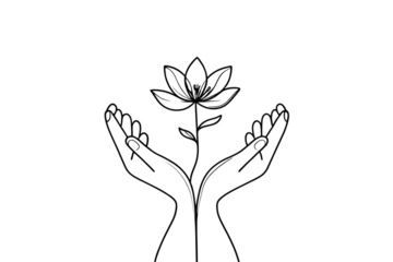 Hands holding a flower in black and white outline
