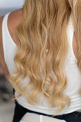 Obraz premium Woman with wave, long and shiny blond hair. Hair extensions. View from back. Close up.