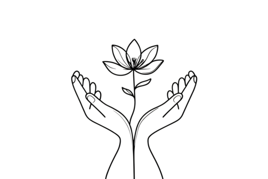 Hands holding a flower in black and white outline