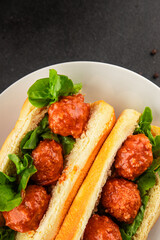 Meatball sandwich fast food meat dish fresh delicious gourmet food background on the table rustic food top view copy space