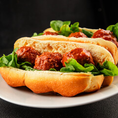 Meatball sandwich fast food meat dish fresh delicious gourmet food background on the table rustic food top view copy space