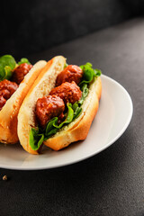 Meatball sandwich fast food meat dish fresh delicious gourmet food background on the table rustic food top view copy space