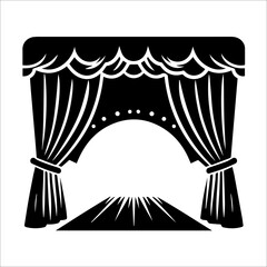 Stage Curtain Icon: Dramatic Black and White Theater Vector Graphic for Presentations, Websites, and Branding.