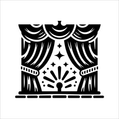 Monochromatic Stage Curtain Illustration: Vintage, Theatrical, Spotlight, Magic, Performance, Show, Retro, Graphic Design, Vector Art, Black and White
