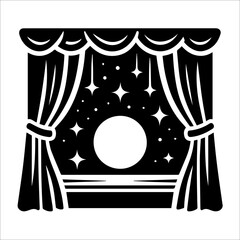 Stage Curtains Reveal Night Sky:  Bold Black and White Vector Graphic, Mystical Moonlit Scene, Dramatic Theatrical Illustration.