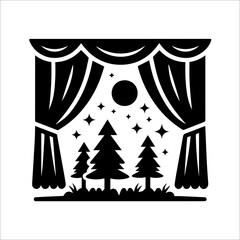 Nocturnal Forest Scene:  Stylized Black and White Stage Curtain Reveal of Pine Trees Under a Full Moon and Stars;  Minimalist Vector Illustration.