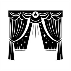 Stage Curtain Icon:  Elegant Black and White Theater Drapes with Starburst Design,  Vintage Style, Dramatic Mood.