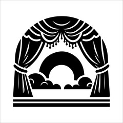 Stage Curtain Icon: Elegant Black and White Theater Drape Illustration, Dramatic Arch Design, Simple Vector Graphic for Performance, Show, or Presentation.