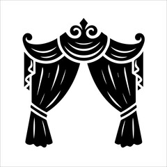 Elegant Black and White Stage Curtain Icon:  Ornate, Dramatic, Theatrical Design Element for Luxury Branding,  Vintage Style.