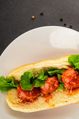 Meatball sandwich fast food meat dish fresh delicious gourmet food background on the table rustic food top view copy space