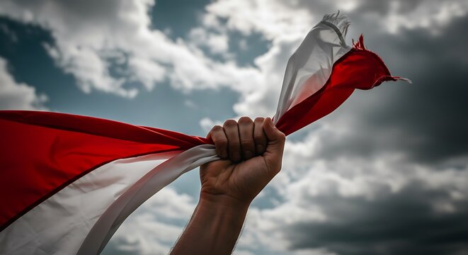 Hand Holding Polish Flag Against Cloudy Sky - Powered by Adobe