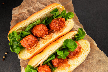 Meatball sandwich fast food meat dish fresh delicious gourmet food background on the table rustic food top view copy space
