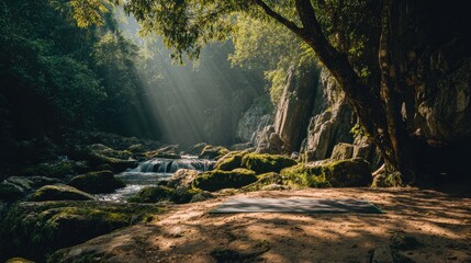 Serene Forest Waterfall Scene with Yoga Mat