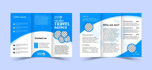 Travel trifold brochure template design. Template in paper style for design of flyers, booklets, leaflets. Carving art with blue background
