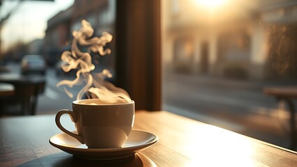 A steaming cup of coffee on a cafe table, warmed by morning sunlight.