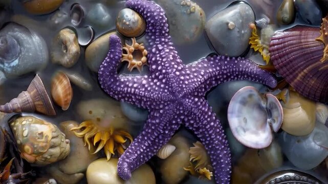 Video with the image of a starfish and shells on the shore. Ideal for advertising sea resorts and environmental projects.
