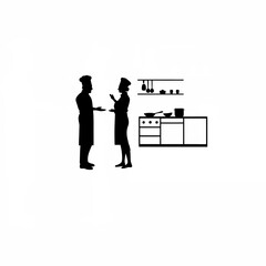Chef talking to assistant in kitchen silhouette on white background