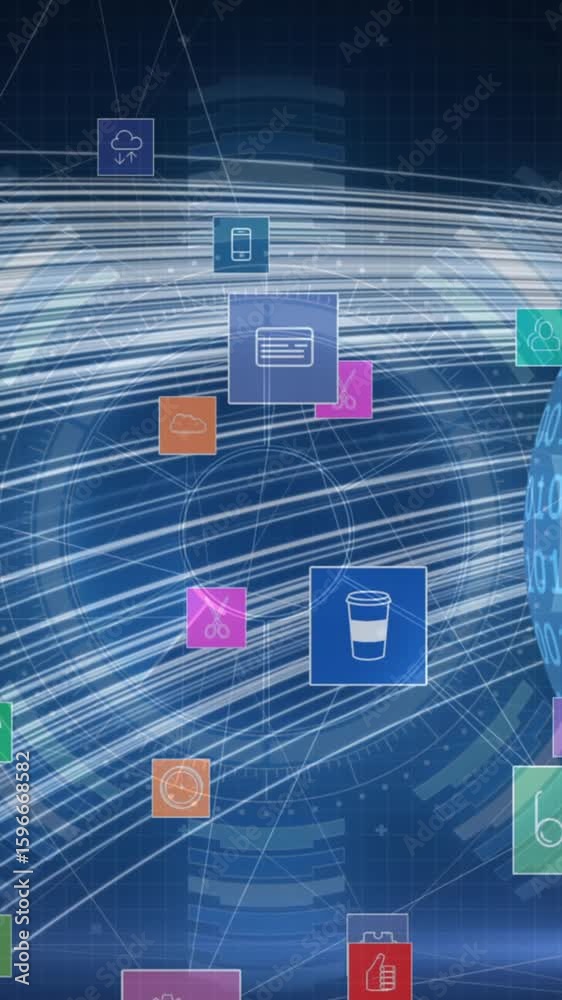 Poster Digital animation of multiple digital icons floating against binary coding on globe