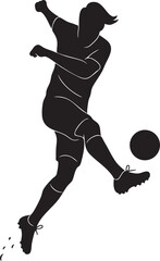 Dynamic silhouette of a soccer player jumping and kicking the ball with motion lines &ndash; black vector illustration on transparent background, perfect for sports posters, design, and infographics