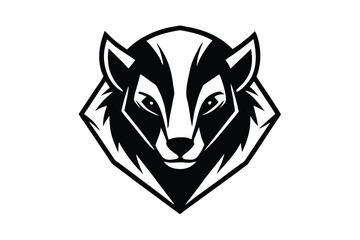 Intense badger head stares directly, detailed in a stark black and white vector