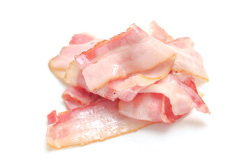 Close up of top view bacon fried crispy isolated white background, Juicy oil