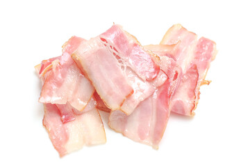 Close up of top view bacon fried crispy isolated white background, Juicy oil