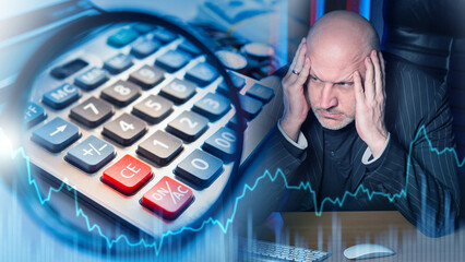 Stressed businessman holds head in hands next to calculator and falling stock graph, symbolizing financial loss, accounting problems, market crash. Finance and business crisis.