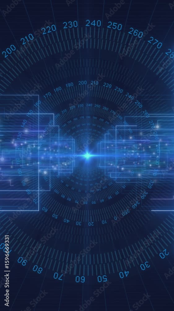 Poster animation of numbers around circular tunnel and rectangles over black background