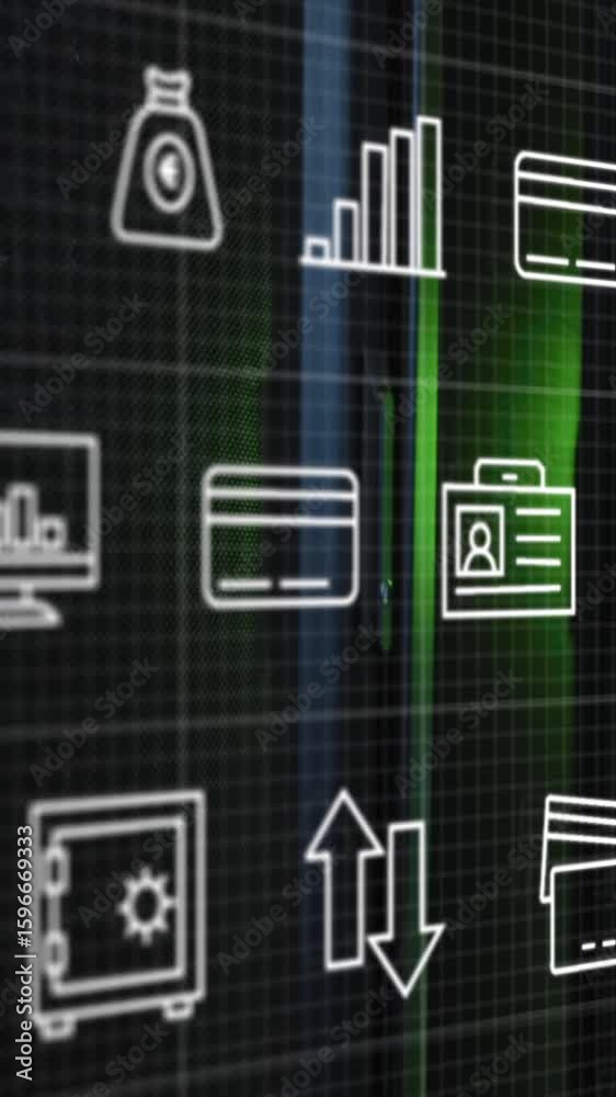 Poster animation of interface with multiple digital icons against computer server room