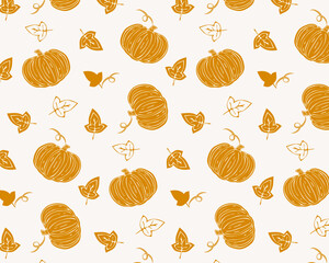 Seamless pattern with pumpkins and autumn leaves in hand-drawn style, vector format. Orange on light background, linear texture. Ideal for fall textiles, wrapping paper, wallpapers, stationery.
