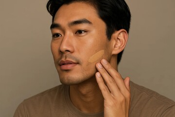 Young Asian man applying liquid foundation to his cheek, demonstrating men's skincare and grooming routine against a neutral background.