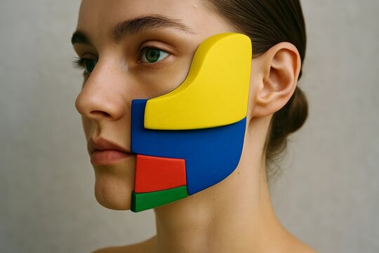 Woman with geometric colorful facial sculpture in red, yellow, blue, and green. Abstract beauty concept with minimalistic background and artistic expression. - Powered by Adobe