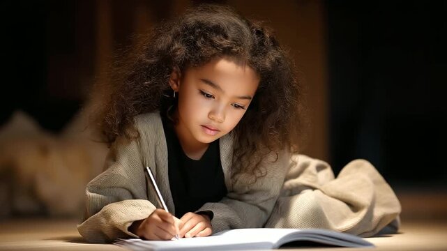 Focused young girl doing homework on the floor with backpack