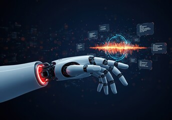 Robotic arm interacting with futuristic ai data and chat interface