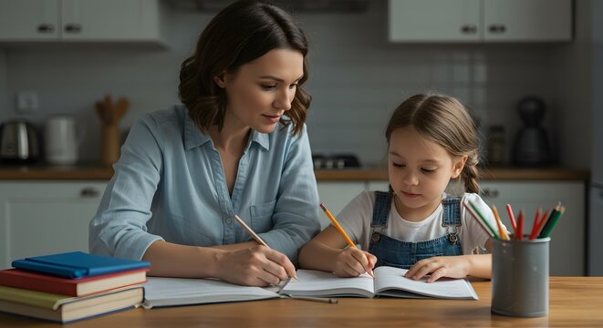 Mother helping daughter with homework