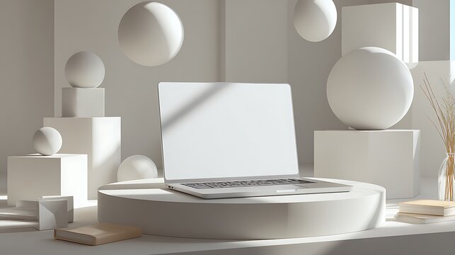Clean minimalist workspace with white laptop and floating geometric shapes - Powered by Adobe