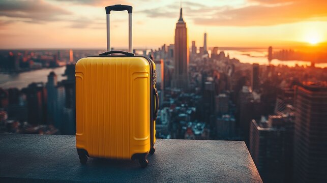 Yellow suitcase overlooking city skyline at sunset
