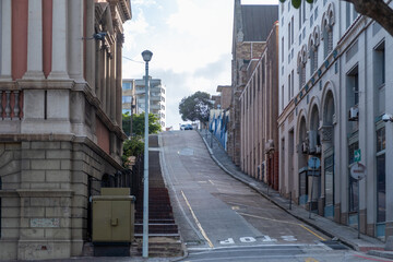 Steep urban street and Historic buildings in Port Elizabeth Gqeberha, South Africa