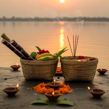 Chhath puja Fruits in soop (Bambbo basket). Happy Chath puja. 