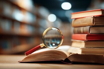 Book and Magnifying Glass in Library